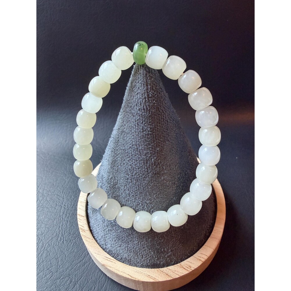 Natural icy white jade barrel bead bracelet 8mm Green Jade Accent stacking